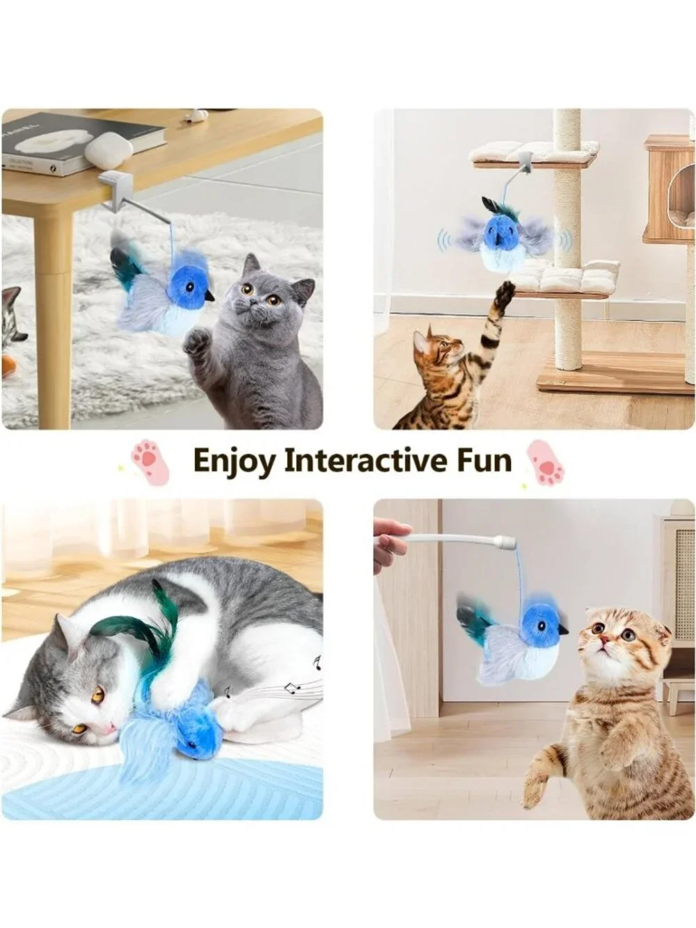 Interactive Flapping Bird Cat Toy with Rod, Elastic String & Catnip